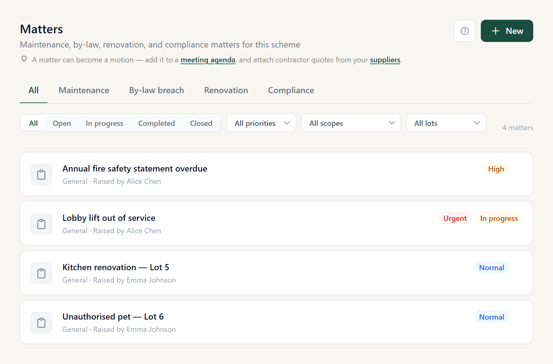 The Matters list showing four matters of different types, with tabs for each matter type and filters for status, priority, scope, and lot.