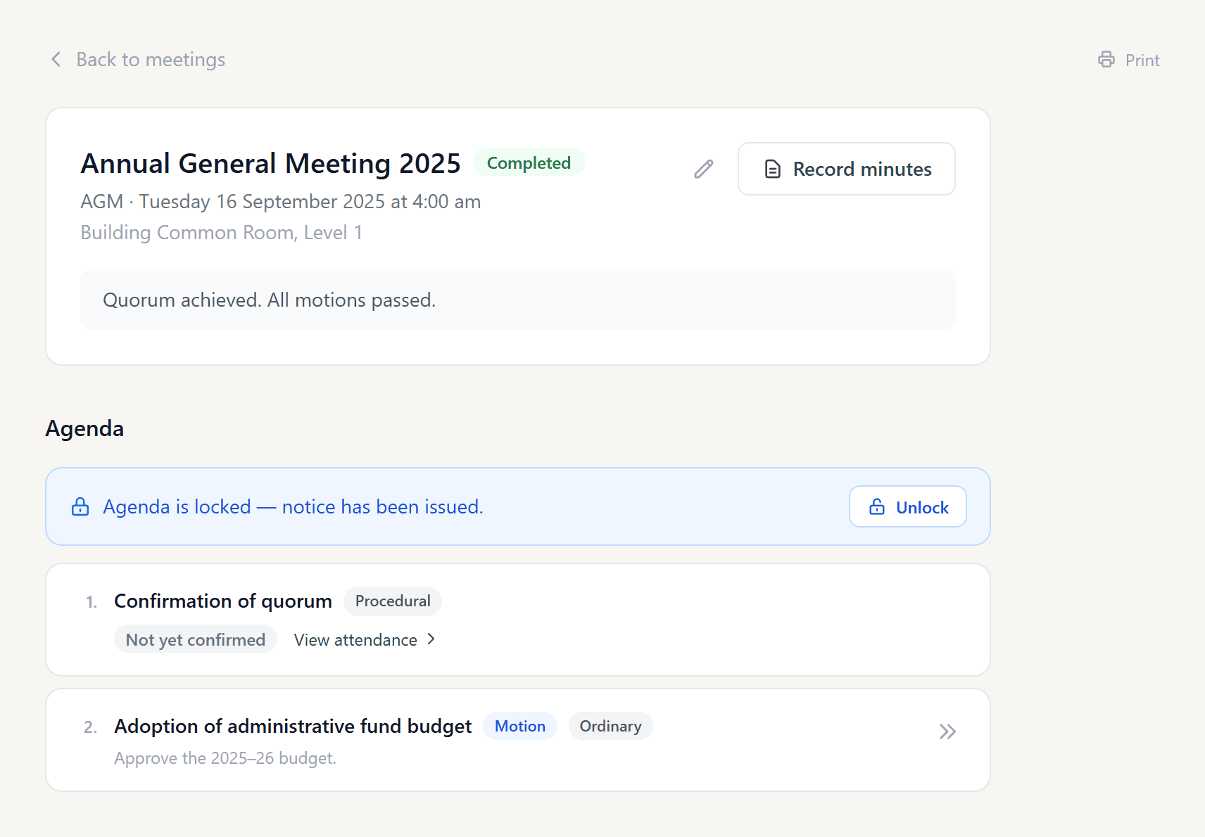 A meeting agenda for an AGM showing the meeting header, a locked-agenda notice, and agenda items including a procedural item and an ordinary motion.
