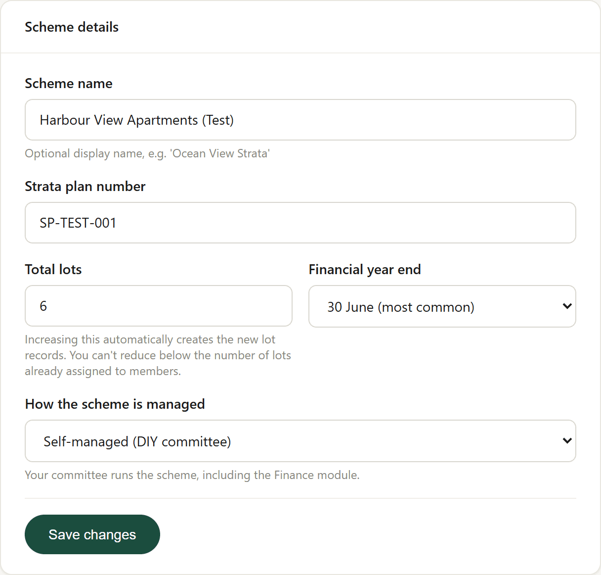 The Scheme details settings card: scheme name, strata plan number, total lots, financial year end, and how the scheme is managed.