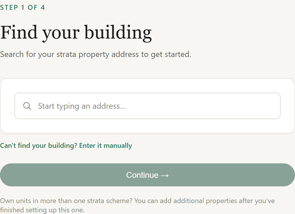 Onboarding step 1: a search box to find your strata building by address, with a link to enter the address manually.
