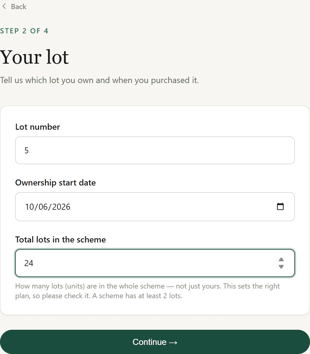 Onboarding step 2: fields for your lot number, ownership start date, and the total number of lots in the scheme.