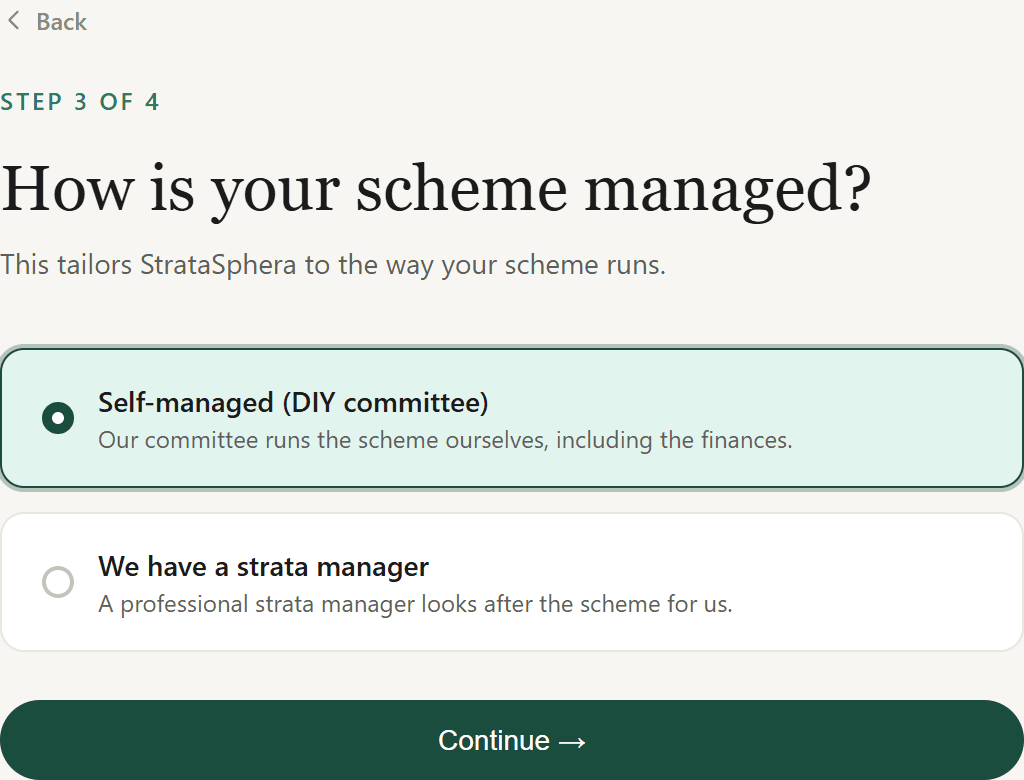 Onboarding step 3: choose whether the scheme is self-managed or has a professional strata manager.