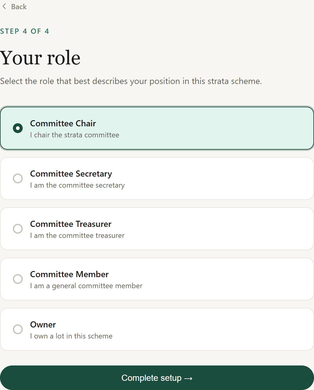 Onboarding step 4: select your role in the scheme — chair, secretary, treasurer, committee member, or owner.