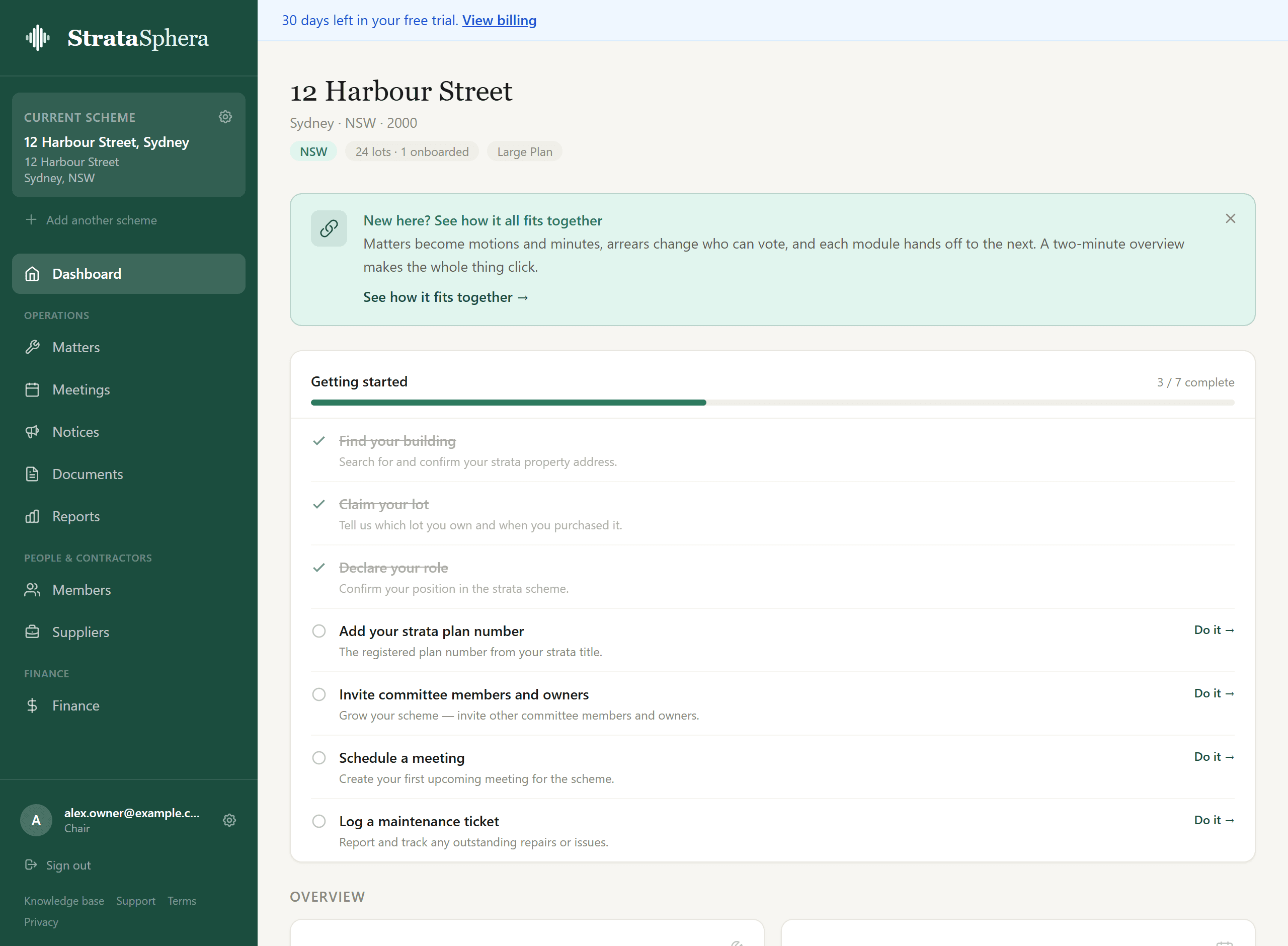 The first-run dashboard showing the Getting started checklist, scheme header, and overview cards.